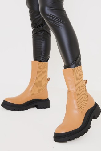 IN THE STYLE MOCHA STRETCH PULL ON CHUNKY BOOTS ~ womens light brown on-trend footwear - flipped