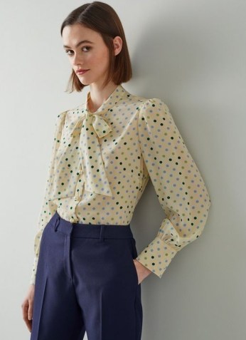 MORTIMER CREAM SPOT PRINT SILK BLOUSE / polka dot pussy bow blouses / women’s tie at the neck shirts