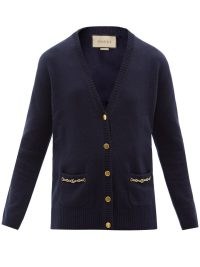 GUCCI GG-chain navy cashmere cardigan / womens dark blue embellished cardigans / women’s designer knitwear