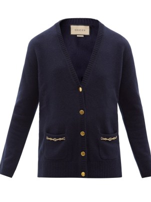 GUCCI GG-chain navy cashmere cardigan / womens dark blue embellished cardigans / women’s designer knitwear