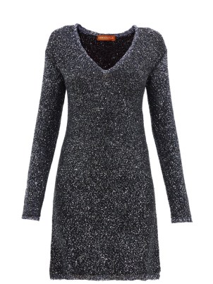 ALTUZARRA Kastri sequinned bouclé-knit dress in navy – dark blue sparkling long sleeve party dresses – glamorous occasionwear – womens sequin party clothing - flipped