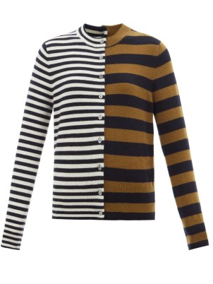 EXTREME CASHMERE No.140 Little Game stretch-cashmere cardigan in navy and brown | mixed stripes | womens multi stripe cardigans - flipped