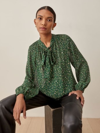 REFORMATION Naya Top in Coriander / green floral pussy bow blouson tops / feminine tie neck blouses