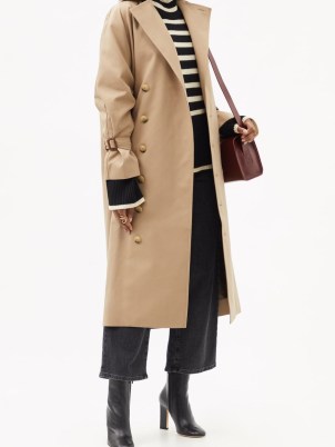 TOTÊME Double-breasted cotton-blend beige gabardine trench coat – womens belted cuff coats - flipped