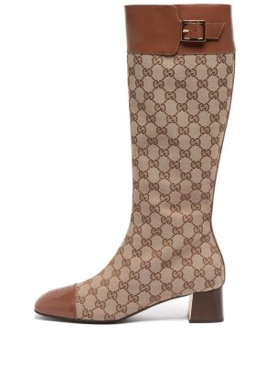 Karlie Kloss buckled, block heel printed boots, GUCCI Ellis GG-monogram canvas knee-high boots, for Wsj Magazine photoshoot, Dec / Jan 2021-22 issue, 7 December 2021 | what models wear on photoshoots - flipped