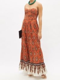 JOHANNA ORTIZ Moroccan Ballad paisley-print cotton dress in orange / strapless fitted bodice maxi dresses