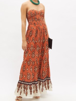 JOHANNA ORTIZ Moroccan Ballad paisley-print cotton dress in orange / strapless fitted bodice maxi dresses - flipped