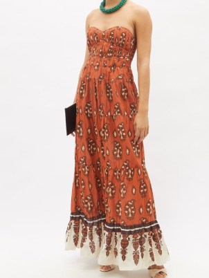 JOHANNA ORTIZ Moroccan Ballad paisley-print cotton dress in orange / strapless fitted bodice maxi dresses