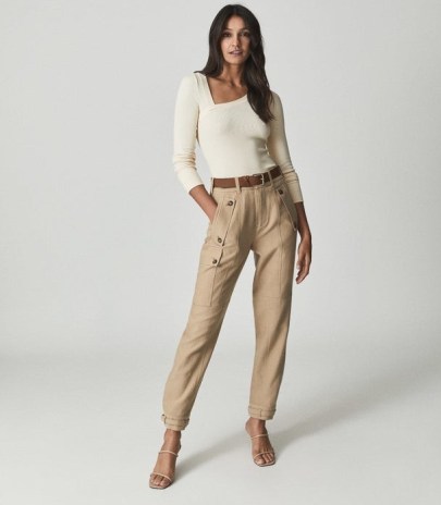 REISS NEWLYN WOOL BLEND TWILL CARGO TROUSERS CAMEL ~ womens casual light brown pocket detail pants ~ buckled cuffs - flipped