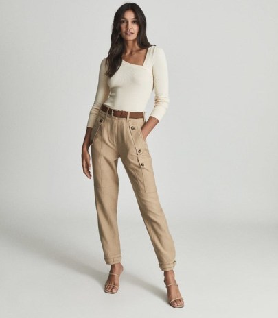 REISS NEWLYN WOOL BLEND TWILL CARGO TROUSERS CAMEL ~ womens casual light brown pocket detail pants ~ buckled cuffs