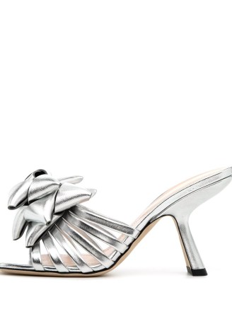 Nicholas Kirkwood GIFT WRAP 90mm metallic silver leather mules – bow embellished sculpted mule sandals – angled heels - flipped