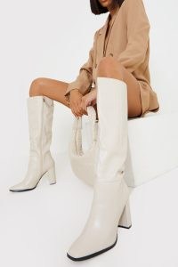 IN THE STYLE NUDE KNEE HIGH BLOCK HEELED BOOTS ~ women’s on-trend square to footwear