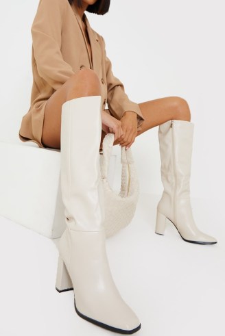 IN THE STYLE NUDE KNEE HIGH BLOCK HEELED BOOTS ~ women’s on-trend square to footwear - flipped