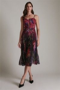 KAREN MILLEN Ombre Pleat Corset Detail Woven Strappy Midi Dress ~ floral print spaghetti strap fit and flare occasion dresses