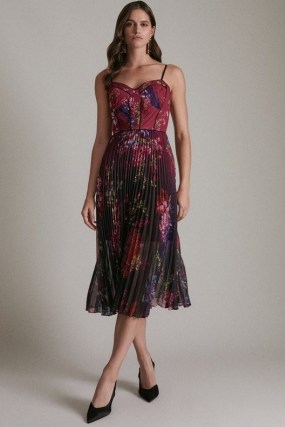 KAREN MILLEN Ombre Pleat Corset Detail Woven Strappy Midi Dress ~ floral print spaghetti strap fit and flare occasion dresses