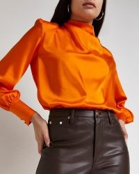 RIVER ISLAND ORANGE COWL NECK TOP / bright high neck tops with shoulder pads