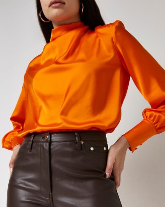 RIVER ISLAND ORANGE COWL NECK TOP / bright high neck tops with shoulder pads - flipped