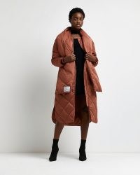 RIVER ISLAND ORANGE DETACHABLE SCARF MIDI QUILTED JACKET / womens padded longline jackets / women’s on-trend winter coats