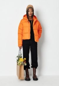 MISSGUIDED orange hooded padded crop puffer coat ~ women’s on-trend winter coats ~ womens casual outerwear