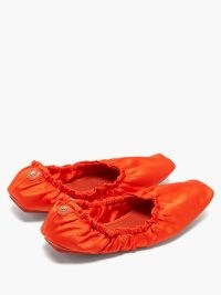 JIMMY CHOO Logo-plaque satin ballet flats in orange / bright square toe ballerinas / women’s designer flat shoes