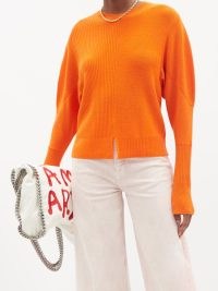 STELLA MCCARTNEY Orane mix-stitch virgin wool sweater / womens round neck long dolman sleeve sweaters / women’s bright slit hem jumpers