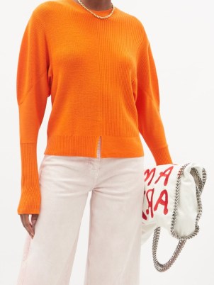 STELLA MCCARTNEY Orane mix-stitch virgin wool sweater / womens round neck long dolman sleeve sweaters / women’s bright slit hem jumpers - flipped