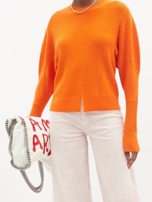 STELLA MCCARTNEY Orane mix-stitch virgin wool sweater / womens round neck long dolman sleeve sweaters / women’s bright slit hem jumpers