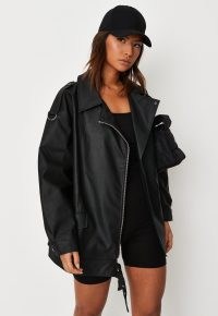 MISSGUIDED oversized black faux leather long vintage biker jacket ~ women’s on-trend casual jackets