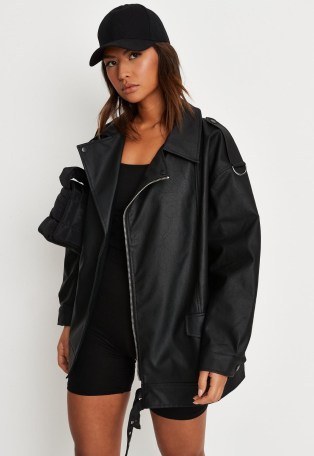 MISSGUIDED oversized black faux leather long vintage biker jacket ~ women’s on-trend casual jackets - flipped