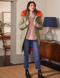 Boden Oversized Furry Parka Pale Khaki / womens faux fur trim hooded winter coats / women’s fashionable parkas