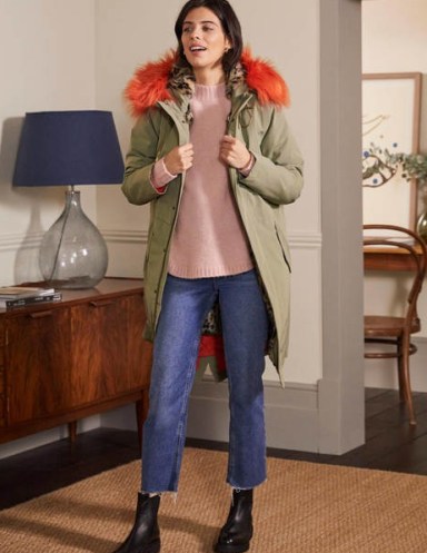 Boden Oversized Furry Parka Pale Khaki / womens faux fur trim hooded winter coats / women’s fashionable parkas - flipped