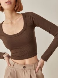 REFORMATION Paige Top in Cafe ~ brown scoop neck long sleeve crop tops ~ cropped hem fashion ~ wardrobe style essentails