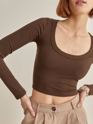 REFORMATION Paige Top in Cafe ~ brown scoop neck long sleeve crop tops ~ cropped hem fashion ~ wardrobe style essentails - flipped