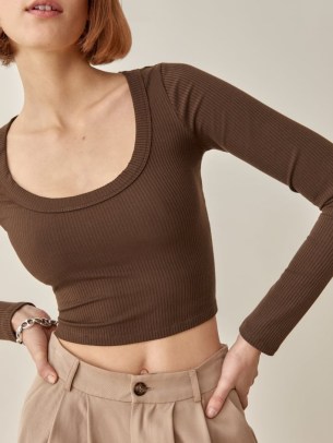REFORMATION Paige Top in Cafe ~ brown scoop neck long sleeve crop tops ~ cropped hem fashion ~ wardrobe style essentails
