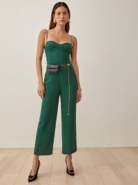 Reformation Paisley Jumpsuit in Sycamore – glamorous green skinny shoulder strap jumpsuits – bustier style all in one fashion – party glamour