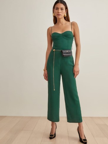 Reformation Paisley Jumpsuit in Sycamore – glamorous green skinny shoulder strap jumpsuits – bustier style all in one fashion – party glamour - flipped