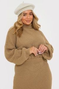 PERRIE SIAN TAUPE SLOUCHY ROLL NECK JUMPER ~ neutral brown tone high neck jumpers ~ celebrity inspired knitwear
