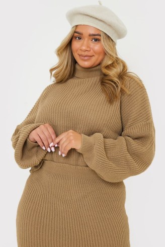 PERRIE SIAN TAUPE SLOUCHY ROLL NECK JUMPER ~ neutral brown tone high neck jumpers ~ celebrity inspired knitwear - flipped