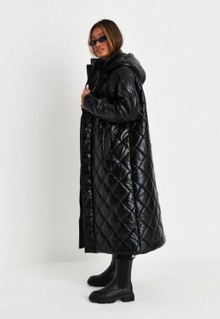 MISSGUIDED petite black hooded longline puffer coat ~ womens high shine diamond quilted winter coats ~ women’s fashionable padded outerwear - flipped