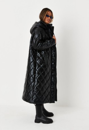 MISSGUIDED petite black hooded longline puffer coat ~ womens high shine diamond quilted winter coats ~ women’s fashionable padded outerwear