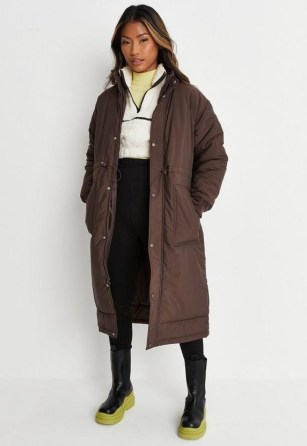 MISSGUIDED petite chocolate bungee waist long length maxi puffer coat ~ womens longline coats - flipped