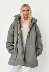 MISSGUIDED petite khaki square quilted hooded longline puffer coat ~ green padded petite size winter coats ~ womens casual hooded outerwear
