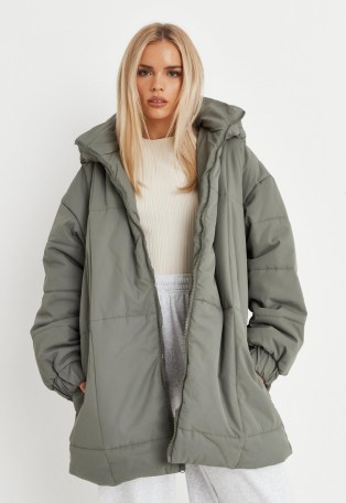 MISSGUIDED petite khaki square quilted hooded longline puffer coat ~ green padded petite size winter coats ~ womens casual hooded outerwear - flipped