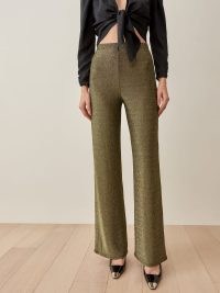 Reformation Pico Pant in Gold – fashion for a glamorous evening look – dressy sparkly knit trousers – womens metallic thread party pants