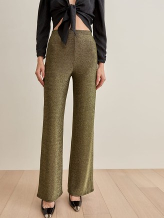 Reformation Pico Pant in Gold – fashion for a glamorous evening look – dressy sparkly knit trousers – womens metallic thread party pants - flipped