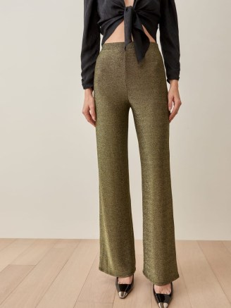 Reformation Pico Pant in Gold – fashion for a glamorous evening look – dressy sparkly knit trousers – womens metallic thread party pants