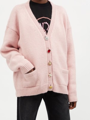VETEMENTS Crystal-button pink alpaca-blend cardigan / womens relaxed fit front button up cardigans / women’s embellished luxe knitwear - flipped