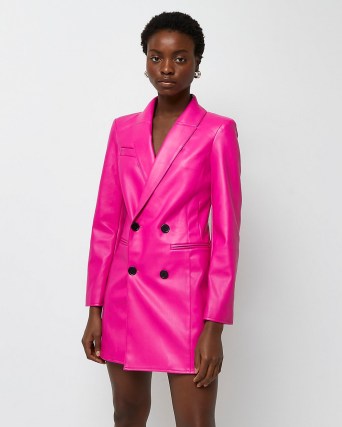 RIVER ISLAND PINK FAUX LEATHER BLAZER DRESS ~ bright jacket style going out dresses ~ womens on-trend evening fashion - flipped