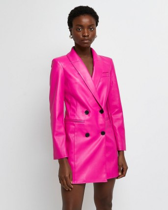 RIVER ISLAND PINK FAUX LEATHER BLAZER DRESS ~ bright jacket style going out dresses ~ womens on-trend evening fashion