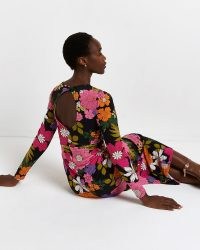 RIVER ISLAND PINK FLORAL CUT OUT MIDI DRESS / long sleeve cut out back dresses / bold flower print fashion / retro prints